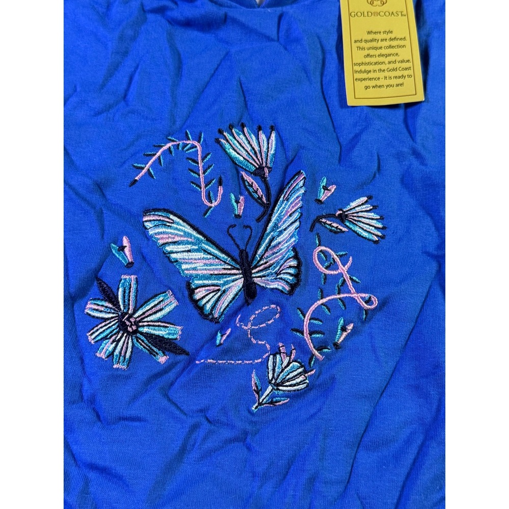 Gold Coast Womens Blue Embroidered Butterfly Sweatshirt Mock Neck 100% Cotton L - Picture 2 of 3